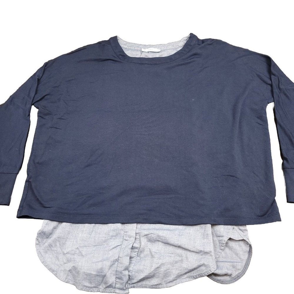 VINCE‎ Womens XS Layered Sweater Silk Blend Chambray Button Up Under Sweater Top